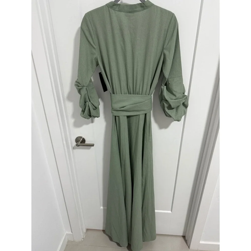 FKSP x‎ Yoox Mahogany Sage Green Maxi Dress S Linen Blend Belted Long Sleeve NWT